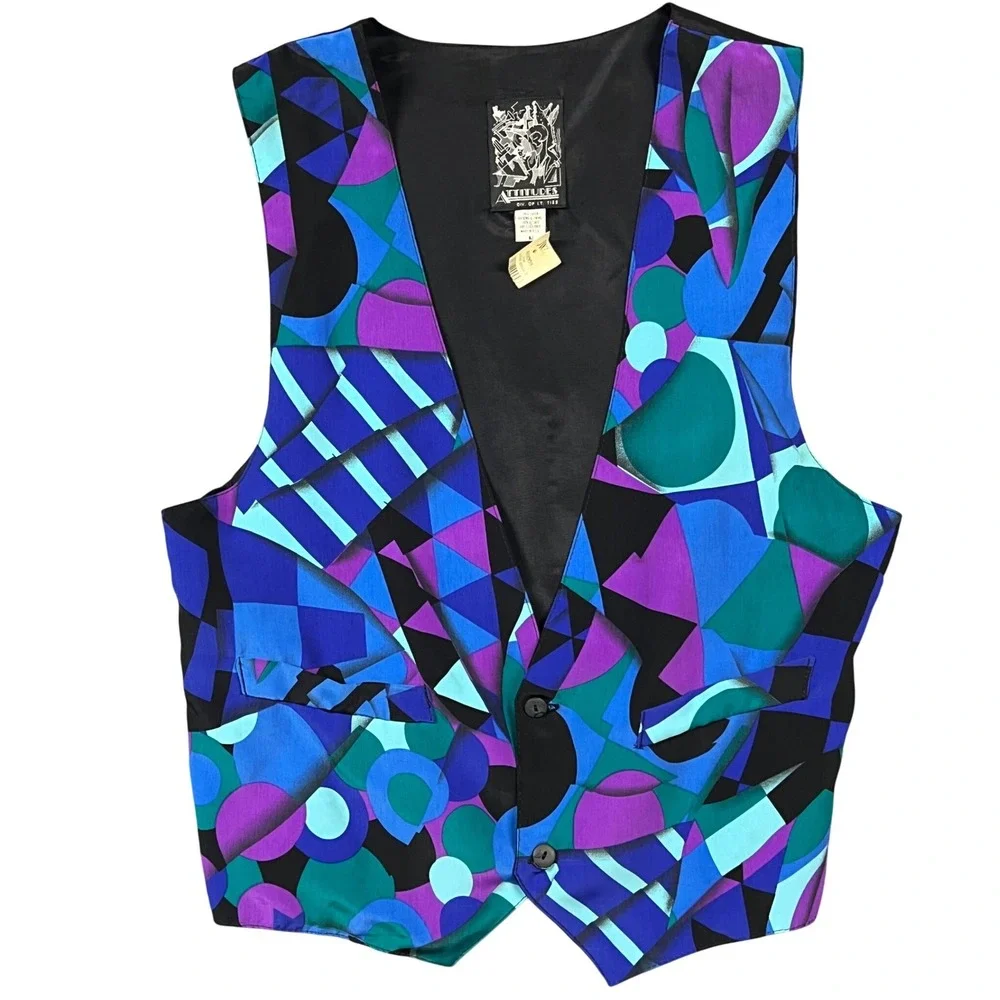Attitudes Vest Mens Medium‎ Blue Purple Abstract Geometric Vintage 90s Waistcoat